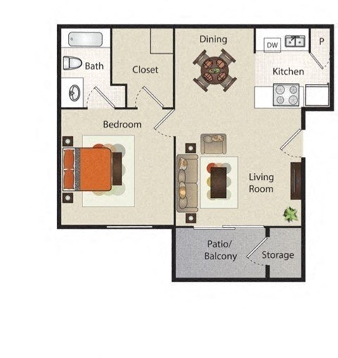 Floor plan for 1 bed, 1 bath, 625 sqft